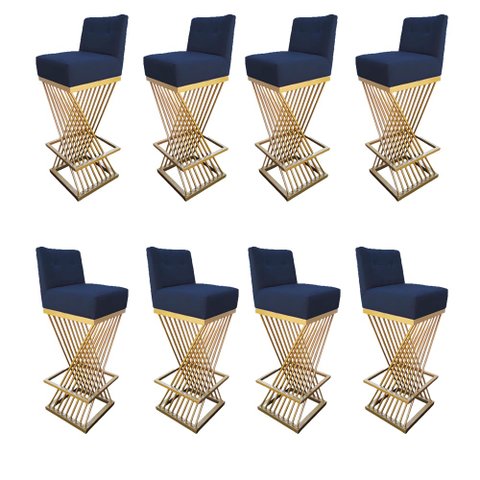 Kit 08 Banquetas Luma Base de Ferro Sued Azul Marinho - D'classe Decor