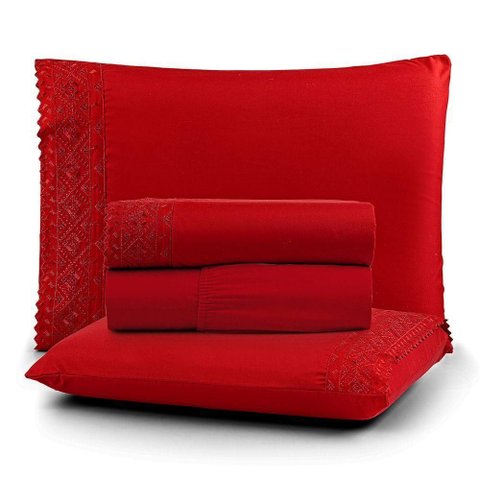 Jogo Cama Solteiro Cherry Bordado Inglês 3pç 100% Poliéster - Carmin