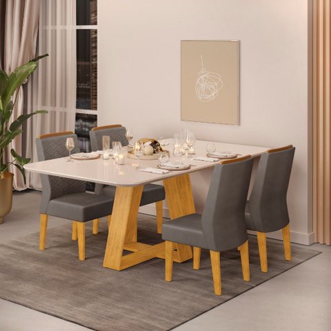 Conjunto Sala de Jantar Mesa Tampo Retangular Chanfrado Curvo Mad/vid 160 X 90cm Kiara Cedro Off Whi