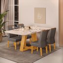 Ver imagem 1 de Conjunto Sala de Jantar Mesa Tampo Retangular Chanfrado Curvo Mad/vid 160 X 90cm Kiara Cedro Off Whi