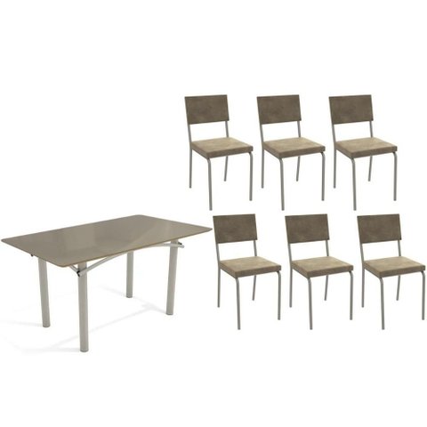 Conjunto: Mesa de Cozinha Elba Tampo Madeirado C/ Vidro 160cm e 6 Cadeiras Zaria Niquel/freijo