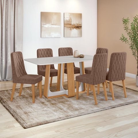 Conjunto Sala de Jantar Mesa Easy Pop 170x90cm Tampo Vidro/mdf com 6 Cadeiras Seat Couro Morano Avel