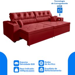 Sofá 4 Lugares Smart Vermelho Retrátil, Reclinável 2,62 Metros Tecnologia Carregamento 3 portas USB - 4