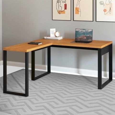 Mesa em "l" para Escritório 157,5x135cm Estilo Industrial F22 Pradel Móveis - Freijó/preto Fosco