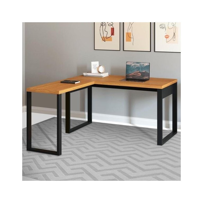 Mesa em "l" para Escritório 157,5x135cm Estilo Industrial F22 Pradel Móveis - Freijó/preto Fosco