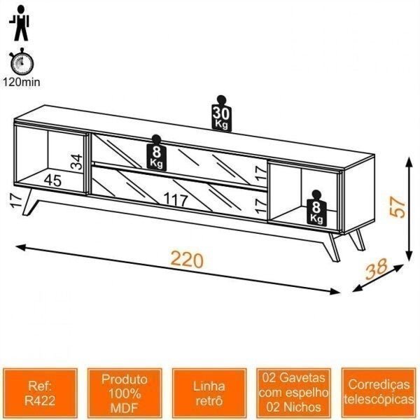 Rack para TV até 55 Polegadas 2 Gavetas Espelhadas e Nichos 220cm Retrô Dalla Costa - 4