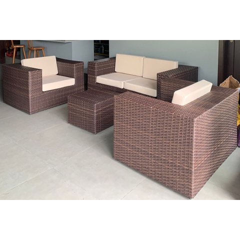 Conjunto de Sofá Fibra Sintética Quadrado Aço - 1 Sofá 2l + 2 Poltronas + 1 Mesa Centro - Tecido Dun