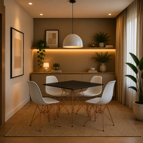 Mesa Sala e Jantar Eames Eiffel Quadrada Preta 90cm com 4 Cadeiras Brancas Base Ferro Cobre