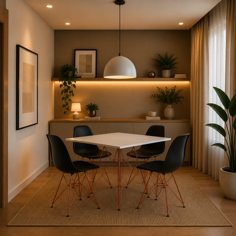 Mesa Sala e Jantar Eames Eiffel Quadrada Branca 90cm com 4 Cadeiras Pretas Base Ferro Cobre