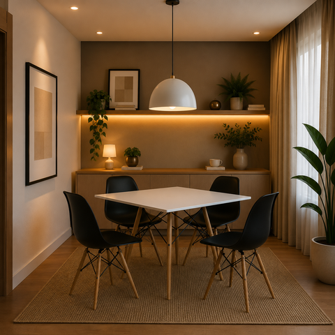 Mesa Sala e Jantar Eames Eiffel Quadrada 90cm Tampo de Madeira Branco com 4 Cadeiras Pretas