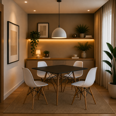 Mesa e Jantar Eames Eiffel Quadrada 90cm Tampo de Madeira Preto com 4 Cadeiras Brancas