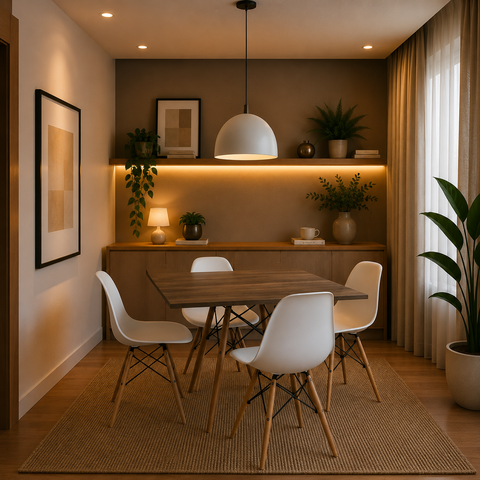 Mesa de Jantar Eames Eiffel Quadrada 90cm Tampo de Madeira Amêndoa com 4 Cadeiras Branca