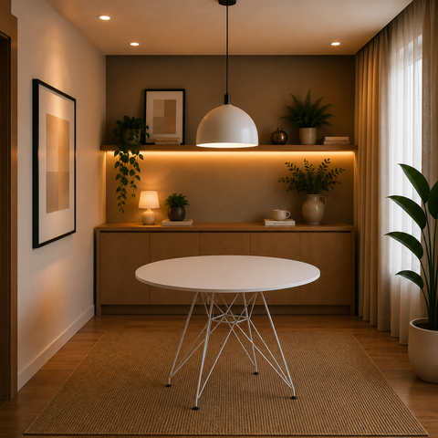 Mesa de Jantar Eames Ferro Branco Tampo Redondo Madeira Branco 90cm