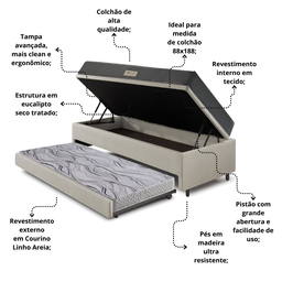 Bicama Box Baú Solteiro 88x188 Courino Linho Areia com Colchão Dual Firm Ecoflex - 5
