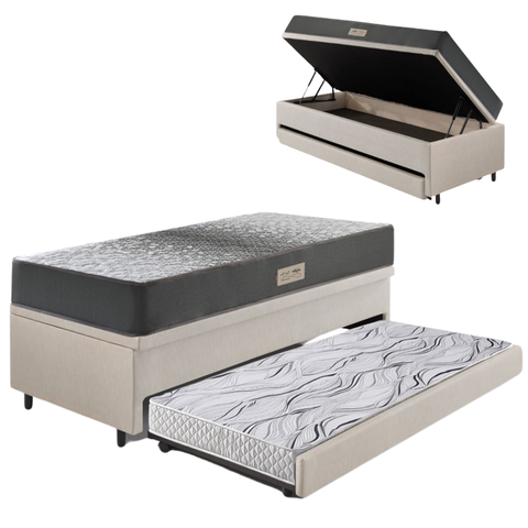 Bicama Box Baú Solteiro 88x188 Courino Linho Areia com Colchão Dual Firm Ecoflex