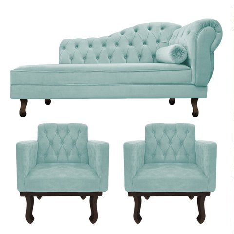 Kit Diva Recamier Diana 160cm Lado Esquerdo e 02 Poltronas Classic Suede Azul Tiffany - ADJ Decor