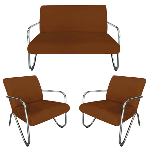 Kit Namoradeira + 2 Poltronas Decorativa Bela Couro Marrom Braço Cromado