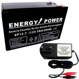 Bateria Recarregável 12V 7Ah Brinquedo Alarme Nobreak Cerca + Carregador Bivolt 800mAh Garra Jacaré - 1