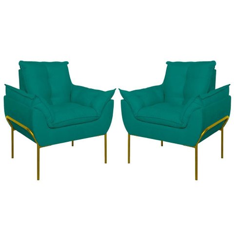 Kit 02 Poltronas Base Metal Dourada Sala Quarto Balaqui Decor Cor:azul Turquesa