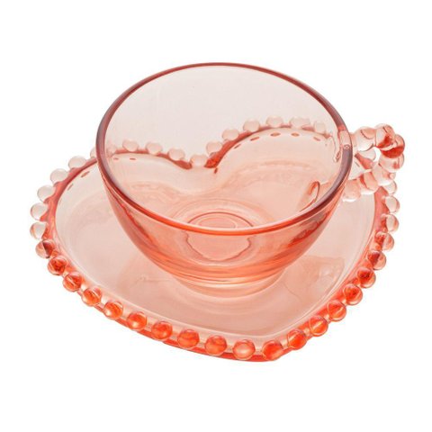 Conjunto com 4 Xicaras de Cristal 180ml com Pires Coração Pearl Rosa 28461