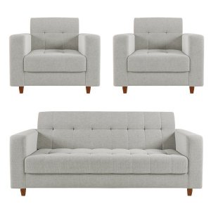 Kit Sofá 3 Lugares e 2 Poltronas Arezzo Linho Cinza Claro A05 Pés Chanfrado Castanho