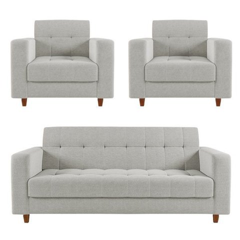 Kit Sofá 3 Lugares e 2 Poltronas Arezzo Linho Cinza Claro A05 Pés Chanfrado Castanho