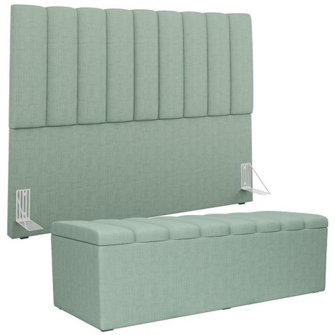Kit Cabeceira Cama Box Casal King 195cm e Calçadeira Recamier Baú Dália W01 Linho Verde Menta - Lyam