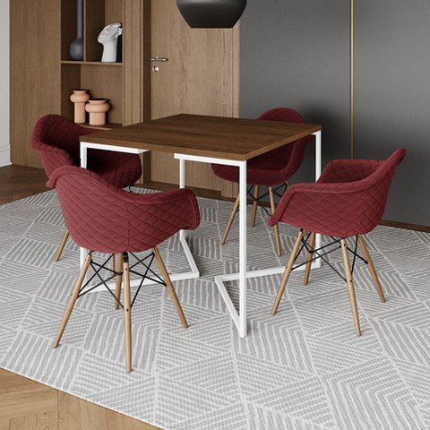 Conjunto de Mesa Industrial Base Branca Tampo Quadrado 90cm Amêndoa 4 Poltronas Estofadas Vermelho