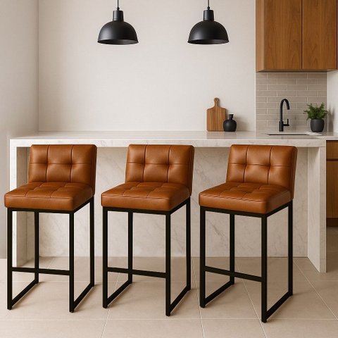 Banqueta Cozinha Alta com Encosto Industrial Kit 3 Preto Lirina Pu C05 - D’Rossi