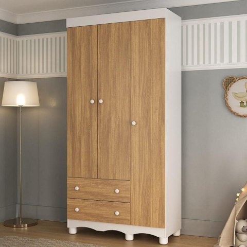 Guarda-roupa Infantil 92cm 3 Portas e 2 Gavetas Dengo Multimóveis Mp4437 Branco/madeirado Branco/