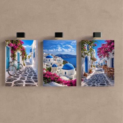 Kit3 Quadro Decorativo Santorini Grécia Paisagem Europa Azul 28x20cm