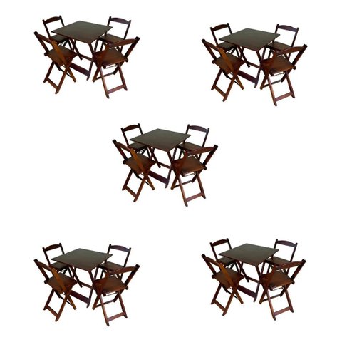 Kit 5 Conjuntos Dobráveis 70x70 com 5 Mesas 20 Cadeiras Imbuia