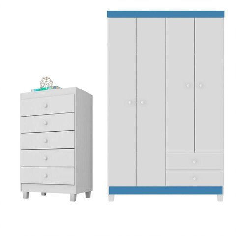 Guarda Roupa Infantil 4 Portas com Cômoda 5 Gavetas Branco Azul