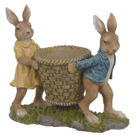 Escultura Decor Casal de Coelhos em Resina C/cesto