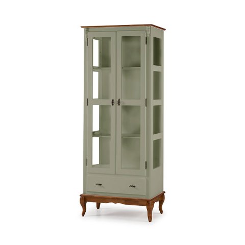 Cristaleira 2 Portas e Laterais em Vidro 1 Gaveta Pés Luis Xv Madeira - Laca Verde Chá/imbuia