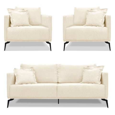 Kit 2 Poltronas e Sofá Living 2 Lugares 1,60m Sirius Linho Bege Pés Metálicos - Pallazio
