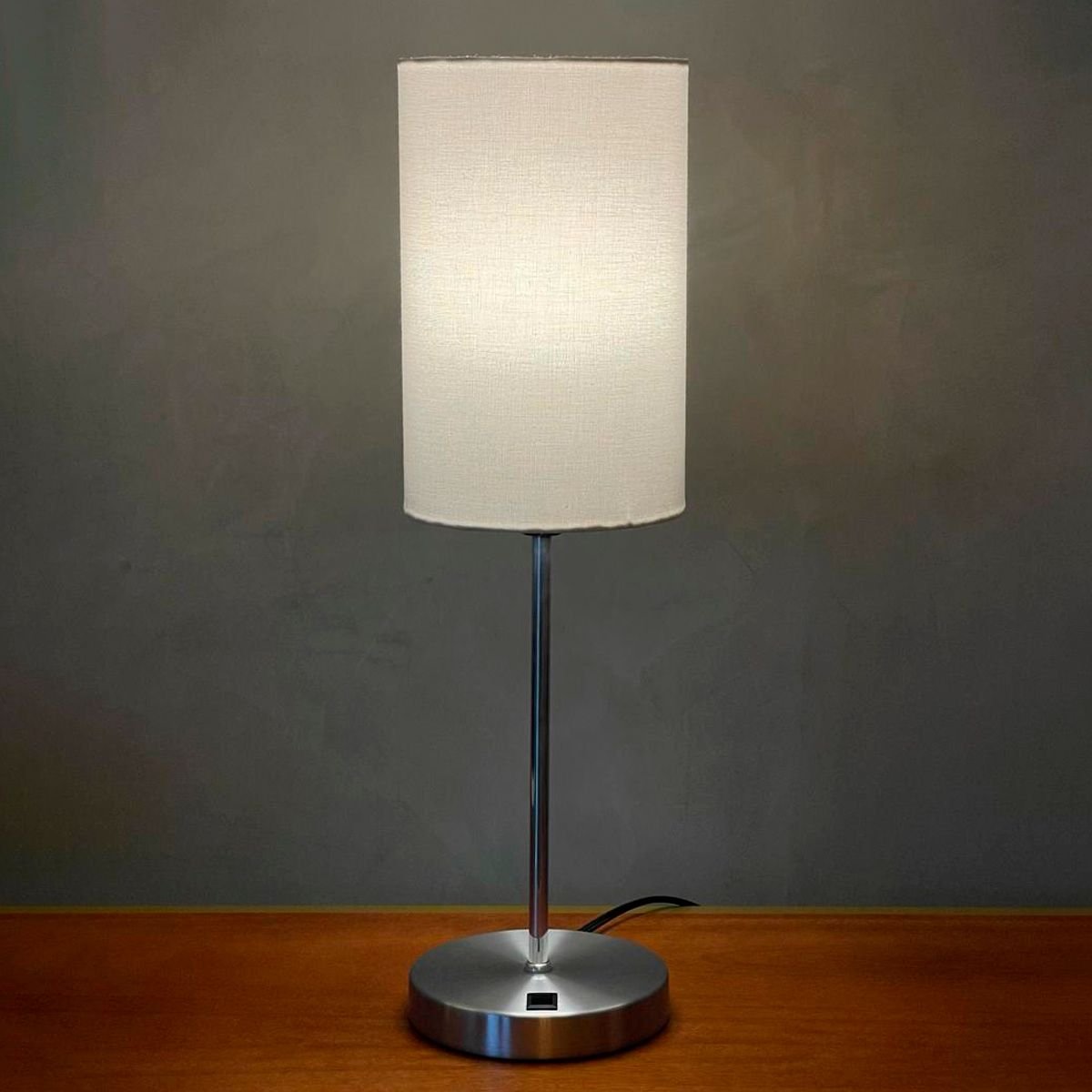 Abajur Luminária de Mesa Quarto Redondo Escovado com Interruptor com Cúpula Branco