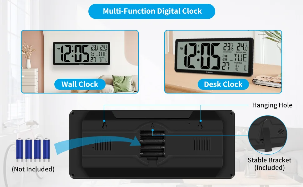 Relógio de Parede Digital Grande Wallarge de 14,5 '' Operado por Bateria com Números Enormes - Preto - 5