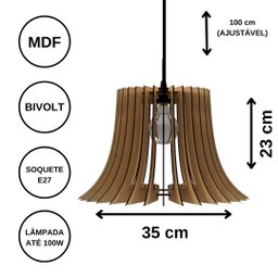 Luminária Teto tipo Pendente PANAMÁ MDF - Completa - Cor: Preta - 6 Luminária Teto tipo Pendente PANAMÁ MDF - Completa - Cor: Preta - 6