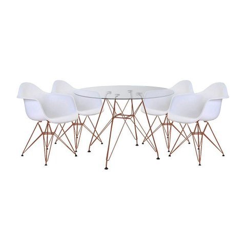 Conjunto Jantar Mesa Vidro Redonda 110cm com 4 Poltronas Brancas Ferro Cobre Cor: Preto