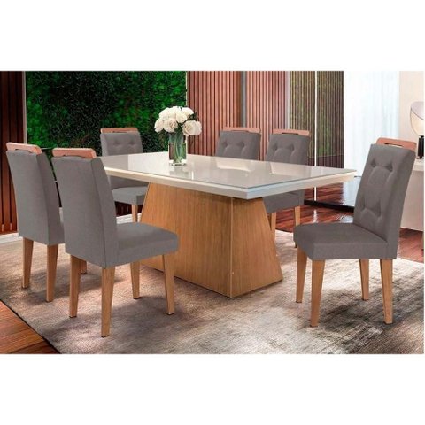 Conjunto: Mesa Sala Jantar Luna C/ Tampo de Vidro Canto Curvo 180x90cm e 6 Cadeiras Imperatriz