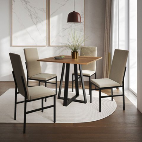 Conjunto de Jantar Mônaco Premium Mesa 90cm com 4 Cadeiras Estofadas para Cozinha - Imbuia/bege