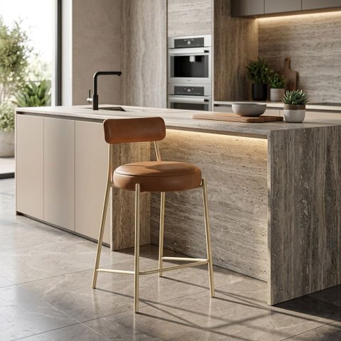 Banqueta Cozinha Média com Encosto Industrial Champanhe Londres PU D03 - D'Rossi