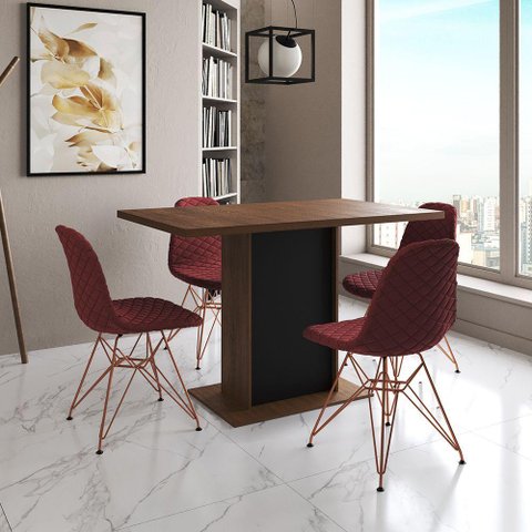 Mesa Jantar Londres Tampo Amêndoa 120cm Base Preta 4 Cadeiras Base Cobre Estofado Vermelho