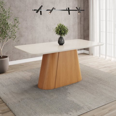 Mesa de Jantar 6 Lugares 180cm Tampo MDF e Vidro Canto Arredondado Olivia