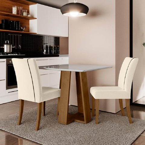 Conjunto de Mesa Sala de Jantar Atenas com 2 Cadeiras Carvalho/off White/bege 0,90m Quadrada Dobuê