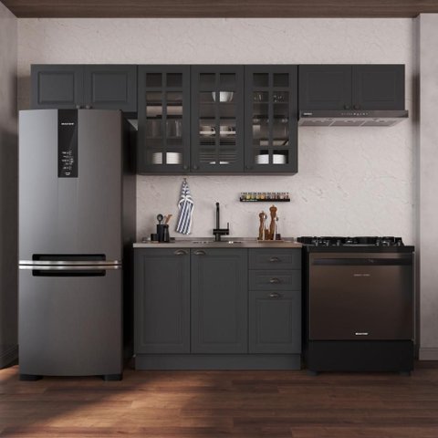 Armário de Cozinha Modulada Compacta Fidelitá Nara 100% MDF 4 Peças 280cm 10 Portas 2 Gavetas sem