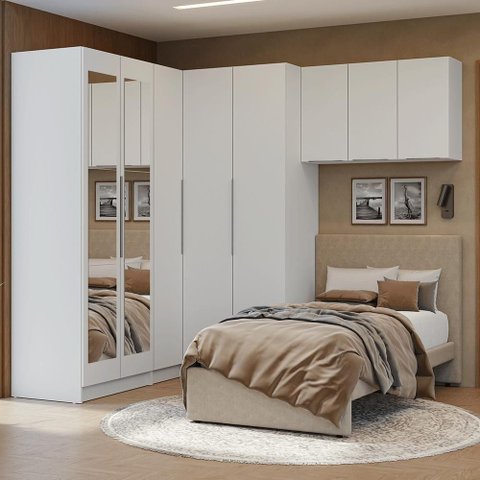 Quarto Completo de Canto Solteiro 415 Cm Guarda-roupa com Espelhos Branco Neo Madesa 02
