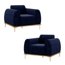 Kit 2 Poltronas Decorativas Sala de Estar Base de Madeira Euro Veludo Azul Marinho - 1