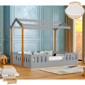 Cama com Colchão D28 Montessoriana Casal Infantil Ágatha Cinza e Amêndoa Incluso Luminária